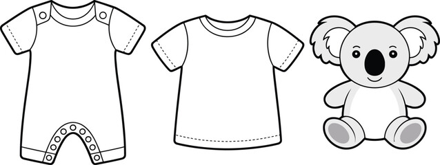 Baby romper, t-shirt and stuffed koala toy vector set, monochrome fashion sketch for kids apparel, CAD drawing flat vector illustration