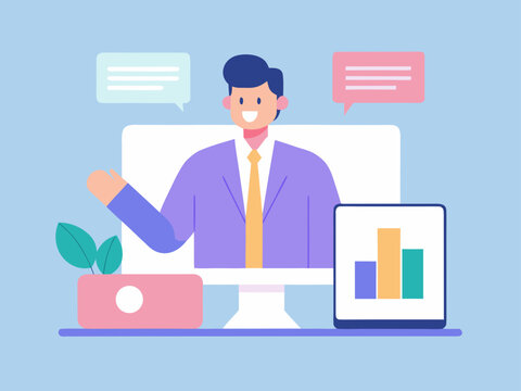 Business presentation with man on computer screen and data chart on tablet device