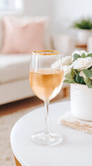Wine glass with golden rim filled with rose on white table near white flower pot