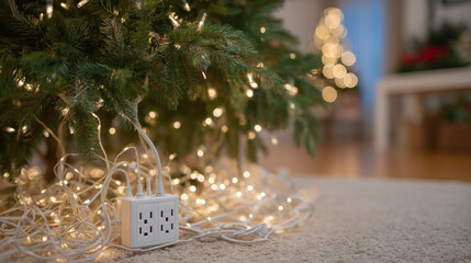 Close-up of extension cord beneath Christmas tree, multiple plugs tangled with string lights on carpet, flickering bulbs emphasizing overloaded socket fire risk