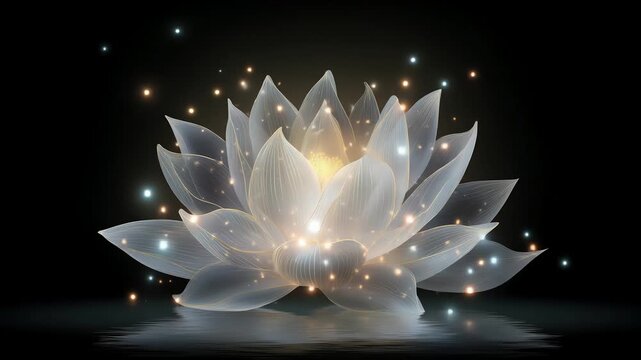 An ethereal, glowing lotus flower radiates light as magical particles rise from its core, symbolizing purity, spiritual enlightenment, and the serene emergence of vital energy.