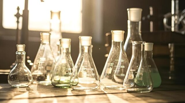 Various glass beakers and flasks stand on a wooden table bathed in warm, golden light.