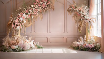 Fototapeta premium wedding backdrop aesthetic flower decoration pastel color indoor minimalist studio background