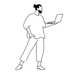 Outline of a bearded man with a bun holding a laptop in one hand and resting the other in his pocket