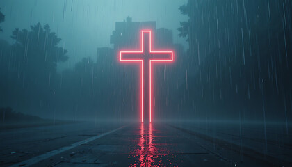 Neon Cross Illuminated in Rainstorm on Dark Urban Street