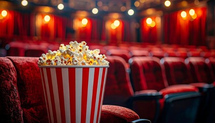 Popcorn bucket in a cinema, red seats, soft lighting, stage
