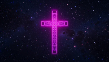 Neon Cross Illuminated in Space with Starry Background