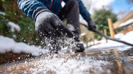 Winter maintenance close-up, person in gloves sprinkling salt across slippery driveway, melting ice creating wet reflections, snow and trees in soft focus around edges