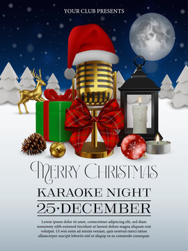 christmas karaoke flyer  with golden vintage mic with tartan bow and santa claus hat on winter landscape. christmas karaoke poster with gold mic, candles, gift boxes and decorations