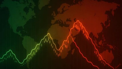 An abstract graphic showcasing a world map with financial market trends and colorful data flow, symbolizing global economics. - Powered by Adobe