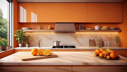 modern kitchen design featuring a light beige cabinetry orange wall marble backsplash gas stovetop oven and wooden cutting board with citrus fruits