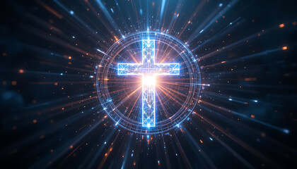 Futuristic Digital Cross Icon Radiating Light and Energy with Glowing Effects