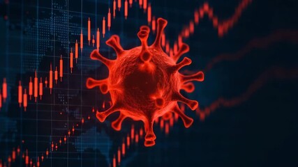 A detailed depiction of a virus with red spikes, set against a backdrop of fluctuating financial graphs, illustrating health and economics. - Powered by Adobe