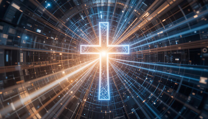 Futuristic Cross Symbol Radiating Light in Digital Technology Background