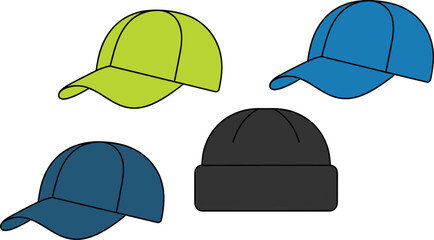 Baseball caps and black beanie, headwear style comparison, colorful fashion accessories vector sketch, cad drawing flat vector illustration