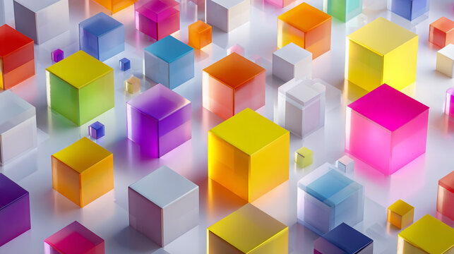 Fototapeta A dense, isometric arrangement of translucent cubes and blocks glowing with a vibrant, iridescent holographic mix of pink, yellow, green, and cyan colors.