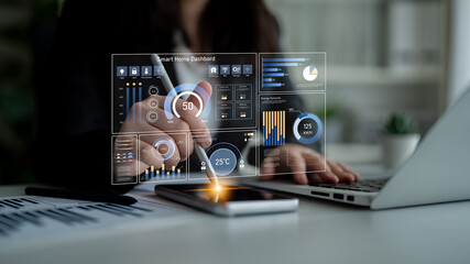 Smart home dashboard manages IoT system. Smart home dashboard controls temperature, dashboard tracks energy, smart home handles devices, and smart home dashboard monitors data. Latch