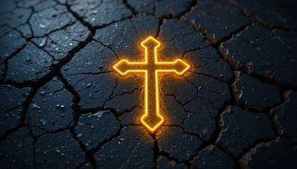 Glowing Cross Neon Sign on Cracked Dark Surface Religious Symbol Illuminated in Orange