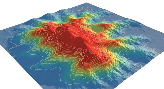 Topographical 3D Map Representation of Mountainous Terrain with Contour Lines and Color Gradient
