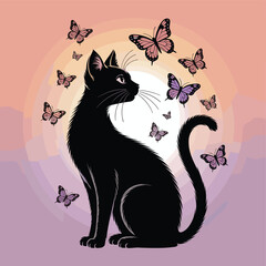 Black cat silhouette surrounded by pink and purple butterflies