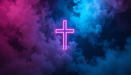 Neon Cross in Blue and Pink Cloud Smoke Artistic Background