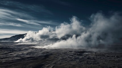 Fototapeta premium Expansive Geothermal Landscape with Billowing Steam Clouds Over Cracked Earth and Rock Plain