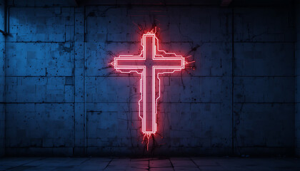 Neon Cross on Dark Brick Wall in Blue and Red Lighting Modern Religious Decor