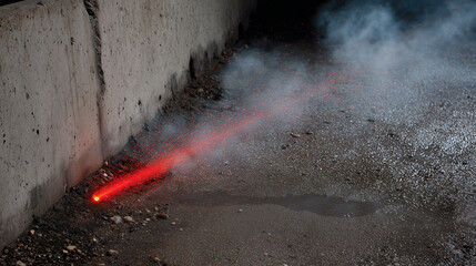 Close-up of red laser beam hitting concrete wall, faint reflections on damp asphalt, sensor device partially visible, dark alley creating tense, high-security atmosphere