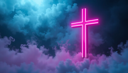 Neon Pink Cross Illuminated in Cloudy Sky Night Scene