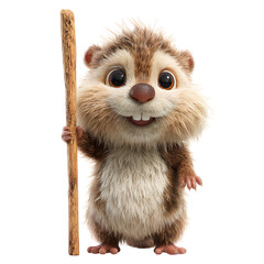 Fototapeta premium 11 - Cute Cartoon Beaver Character Holding a Stick and Smiling, 3D Illustration Style, Isolated on Transparent Background