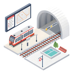 Isometric Pixel Art Subway Station Scene with Train and Map on transparent background