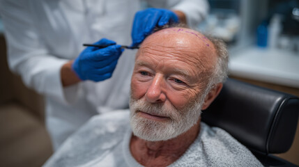 Senior man in chair, doctor marking donor and recipient areas on scalp with precision, blue gloves and pen highlighted, modern hair restoration procedure concept