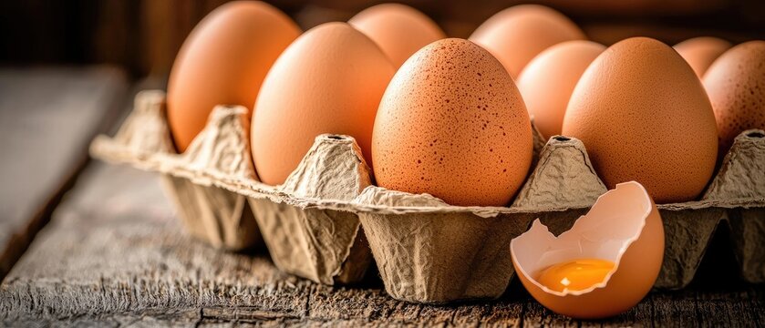 Fresh brown eggs in a carton on a rustic wooden table with a cracked egg revealing bright yellow yolk