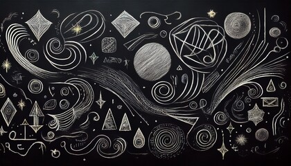 chalk drawn symbols and shapes on a black board offer a creative artistic presentation