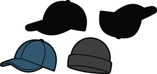Hat vector set with baseball caps and beanie, silhouette and color styles for fashion design, CAD drawing flat vector illustration