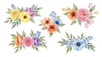 Beautiful Watercolor Floral Arrangements with Various Flowers and Green Leaves