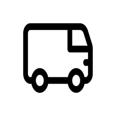 Illustration of a simple black outline of a van with rounded edges and two wheels on a white background