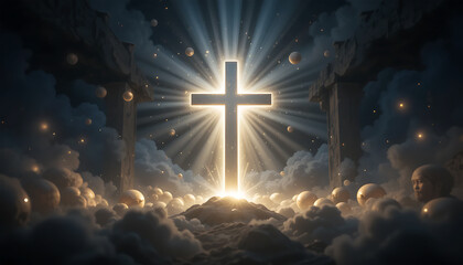 Bright Illuminated Cross in Heavenly Clouds with Radiant Light and Celestial Atmosphere