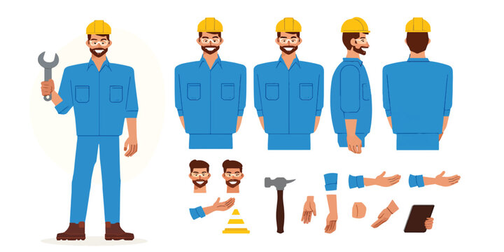Construction worker illustration with tools, character turnaround