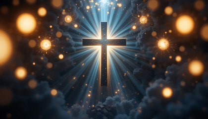 Radiant Cross Illuminated in Cloudy Sky with Bright Light and Glowing Particles