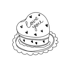 Outline of a layered heart-shaped cake decorated with hearts and love you text on a plate.