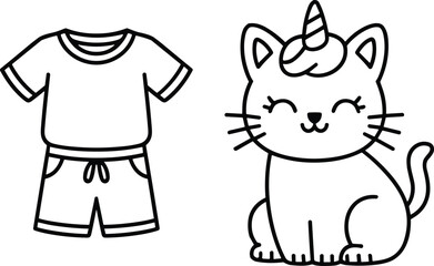 Kids t-shirt and shorts, cartoon caticorn cat, children’s fashion and fantasy sketch, playful vector art, cad drawing flat vector illustration