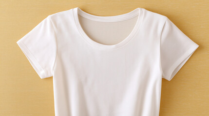 White t-shirt with short sleeves on beige background, simple and clean style