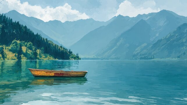 Calm lake scene with a wooden boat floating in serene water surrounded by mountains during bright daylight