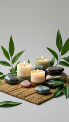 AI Zen Serenity: Spa Candles, Smooth Stones, Bamboo Mat, and Green Leaves