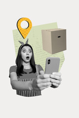 3D photo collage template trend artwork sketch of young woman shocked face hand hold smartphone box...