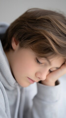 Young boy sleeping peacefully with soft brown hair and closed eyes in cozy hoodie