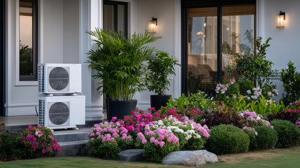 Air source heat pump mounted on house, piping and electrical conduit neatly installed, contemporary home exterior with garden, emphasizing clean and green HVAC solution