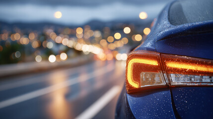Close-up of carâs amber turn signal blinking, wet asphalt reflecting evening lights, city street at dusk, indicating lane change, modern traffic safety concept