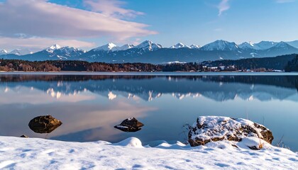 Stunning winter landscape with lake, mountains, snow, and reflection